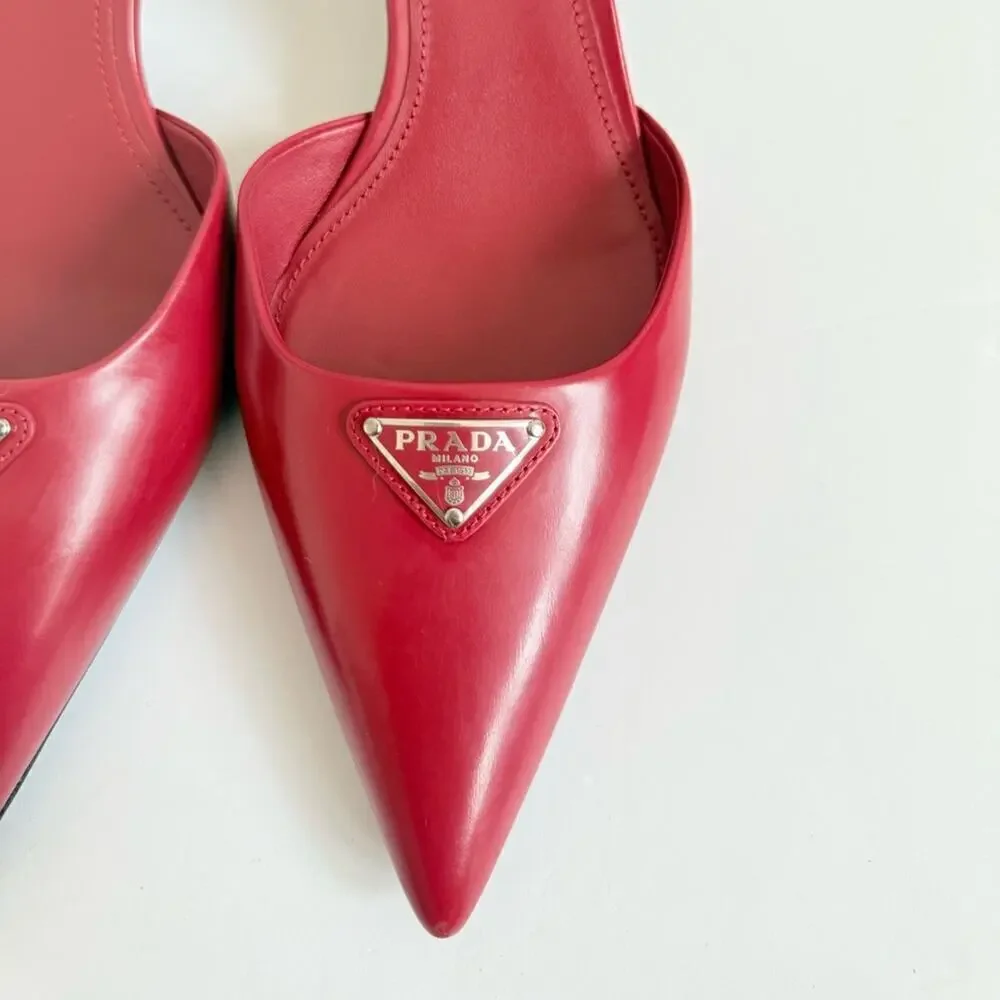Prada Scarlet Red Leather Logo Plaque pointed toe ankle strap pumps EU 40
